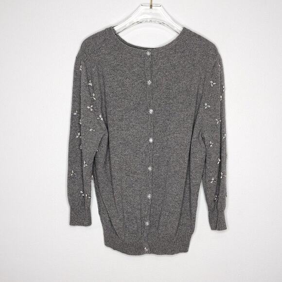 Not Shy Gray Cashmere Sweater Long Sleeve With Rhinestones Button Back Size XL - Picture 2 of 8